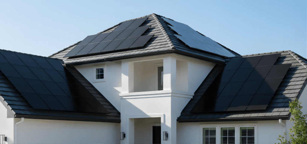 Modern two-story white house with a dark gray shingled roof featuring a large solar panel installation. Black solar panels are mounted flush on multiple roof sections, including the main roof and side wings, under a clear blue sky on a sunny day.
