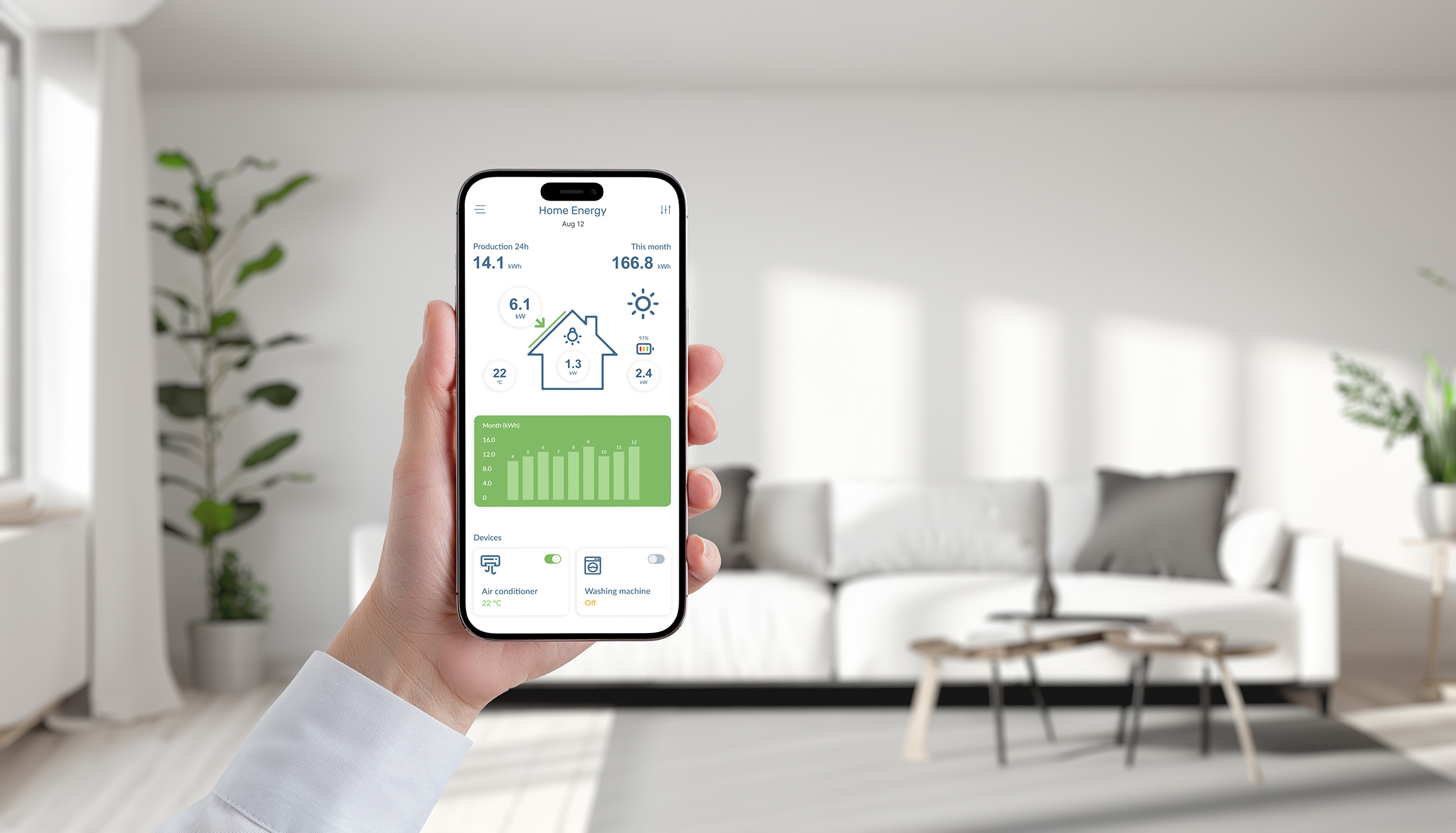 A person's hand wearing a green sweater holds a smartphone in the foreground, displaying a solar energy monitoring app with graphs and data. In the background, a modern white building with multiple black solar panels installed on the roof and ground-mounted arrays under a clear blue sky. The image illustrates real-time solar power monitoring and management.