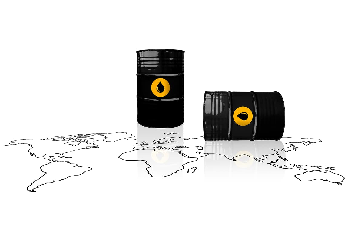 Two glossy black oil barrels featuring a yellow circular logo with an oil drop symbol. One barrel stands upright while the other lies on its side. They are positioned above a black line drawing of a world map on a plain white background, symbolizing global oil trade or sanctions.
