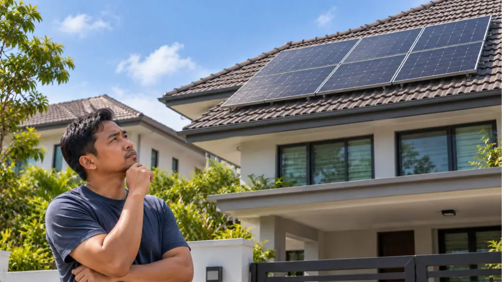homeowner looking at lightly dusty rooftop solar panels on a two-storey Malaysian house, wondering whether the panels need cleaning.